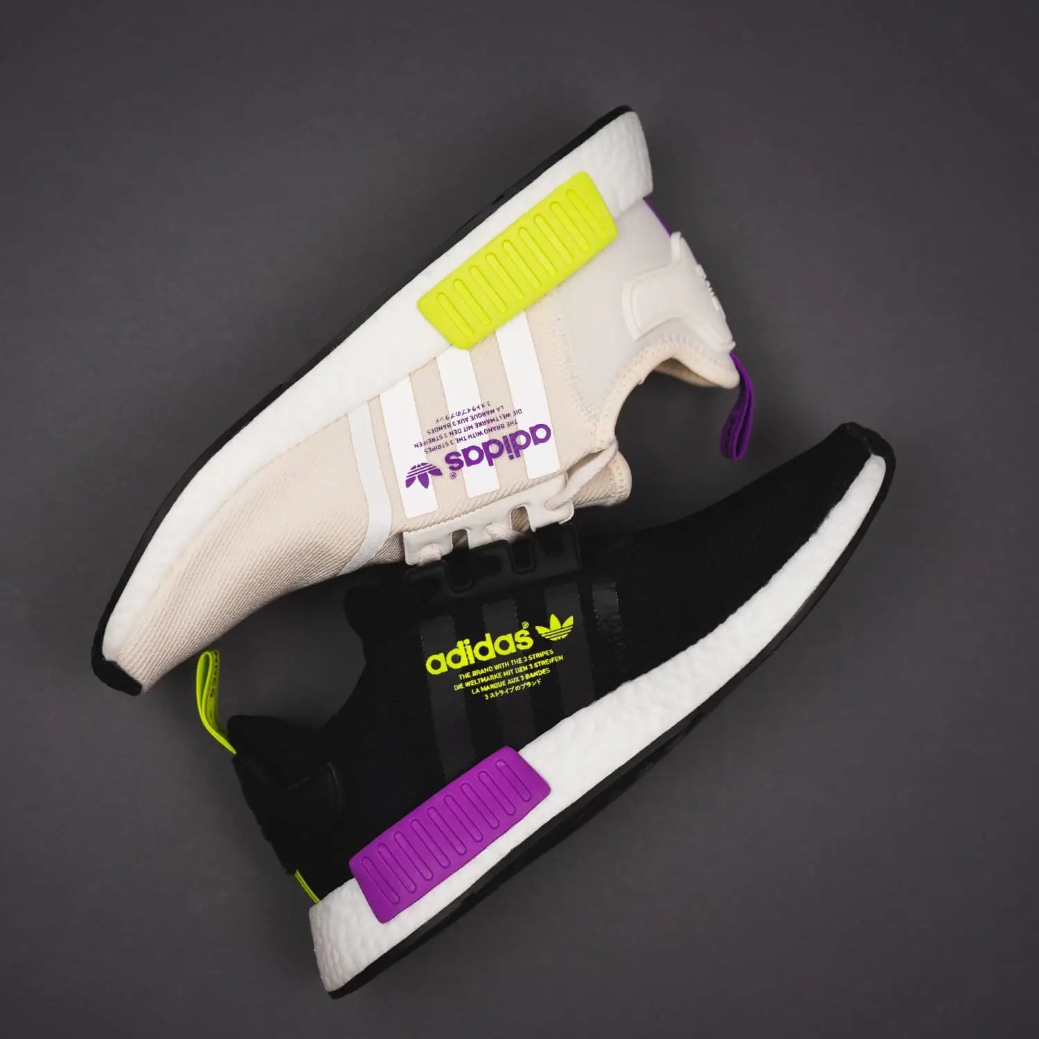 Adidas Originals NMD R1 Boost Off Black/White: Purple/Yellow & Purple/Black - (D96626/D96627