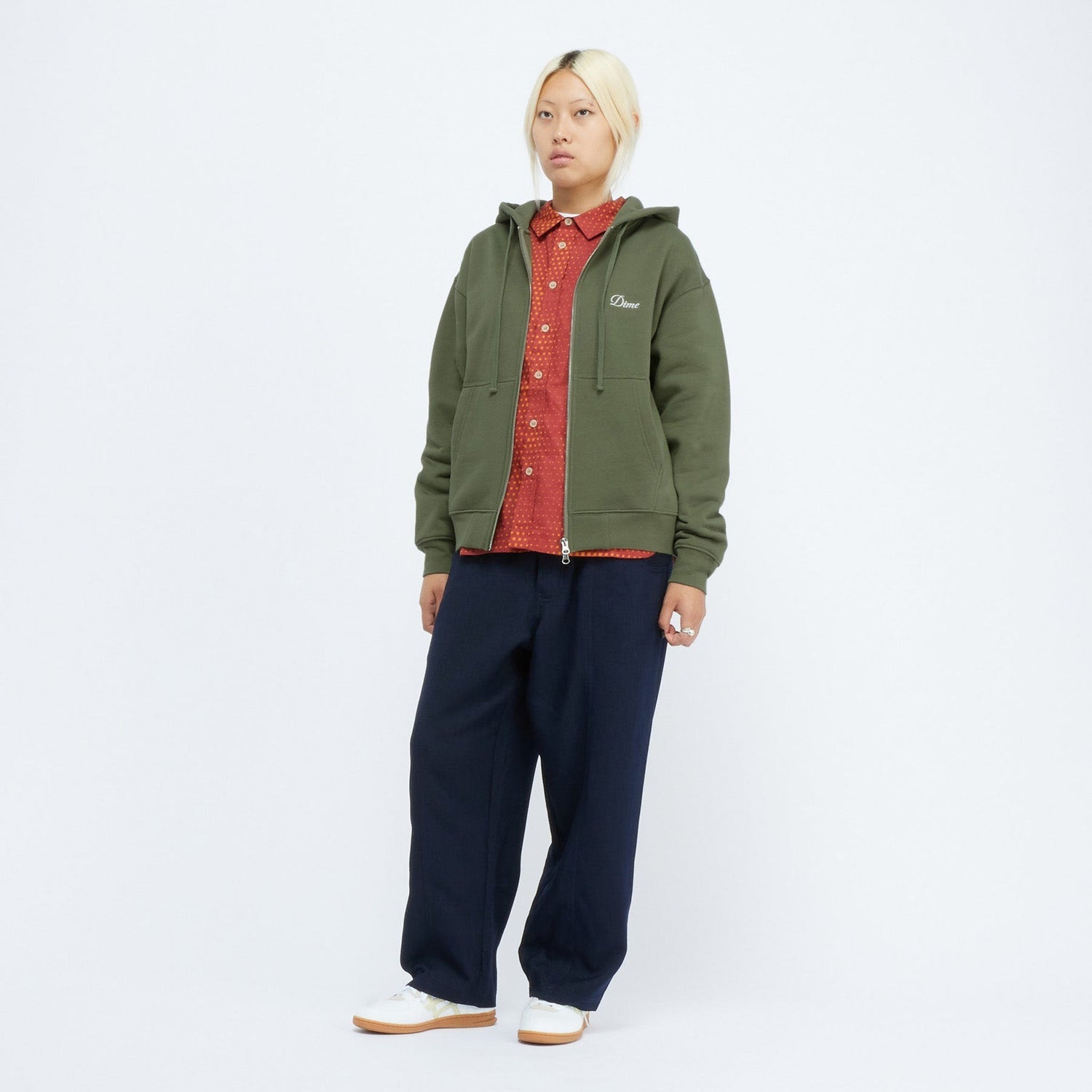 Dime Men Cursive Small Logo Zip-Hoodie Army Green - SWEATERS - Canada