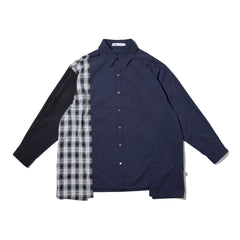 LAKH Paneled Patchwork Long Shirt Navy - TOPS - Canada