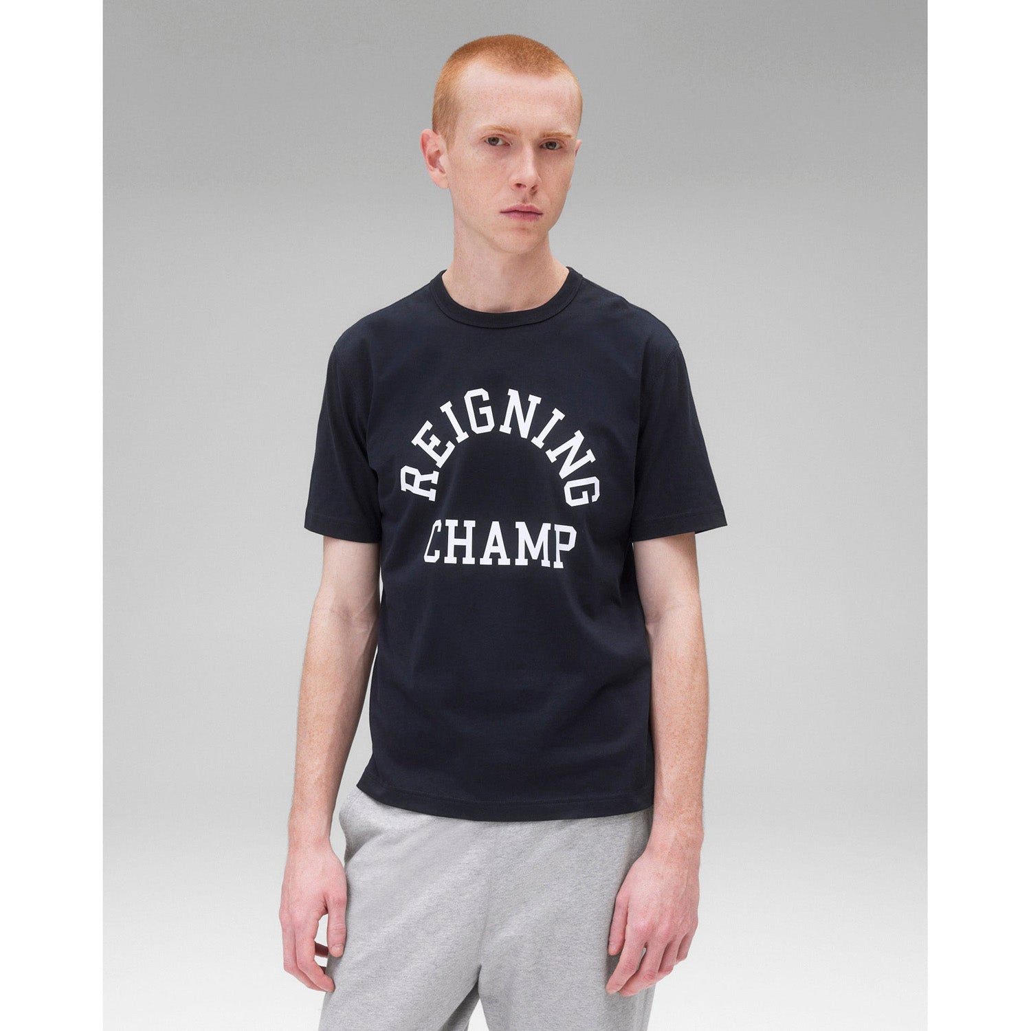 Reigning Champ Men Knit Lightweight Jersey Arch Logo T-Shirt Navy White - T-SHIRTS - Canada