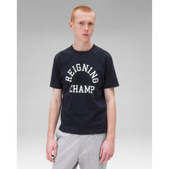 Reigning Champ Men Knit Lightweight Jersey Arch Logo T-Shirt Navy White - T-SHIRTS - Canada