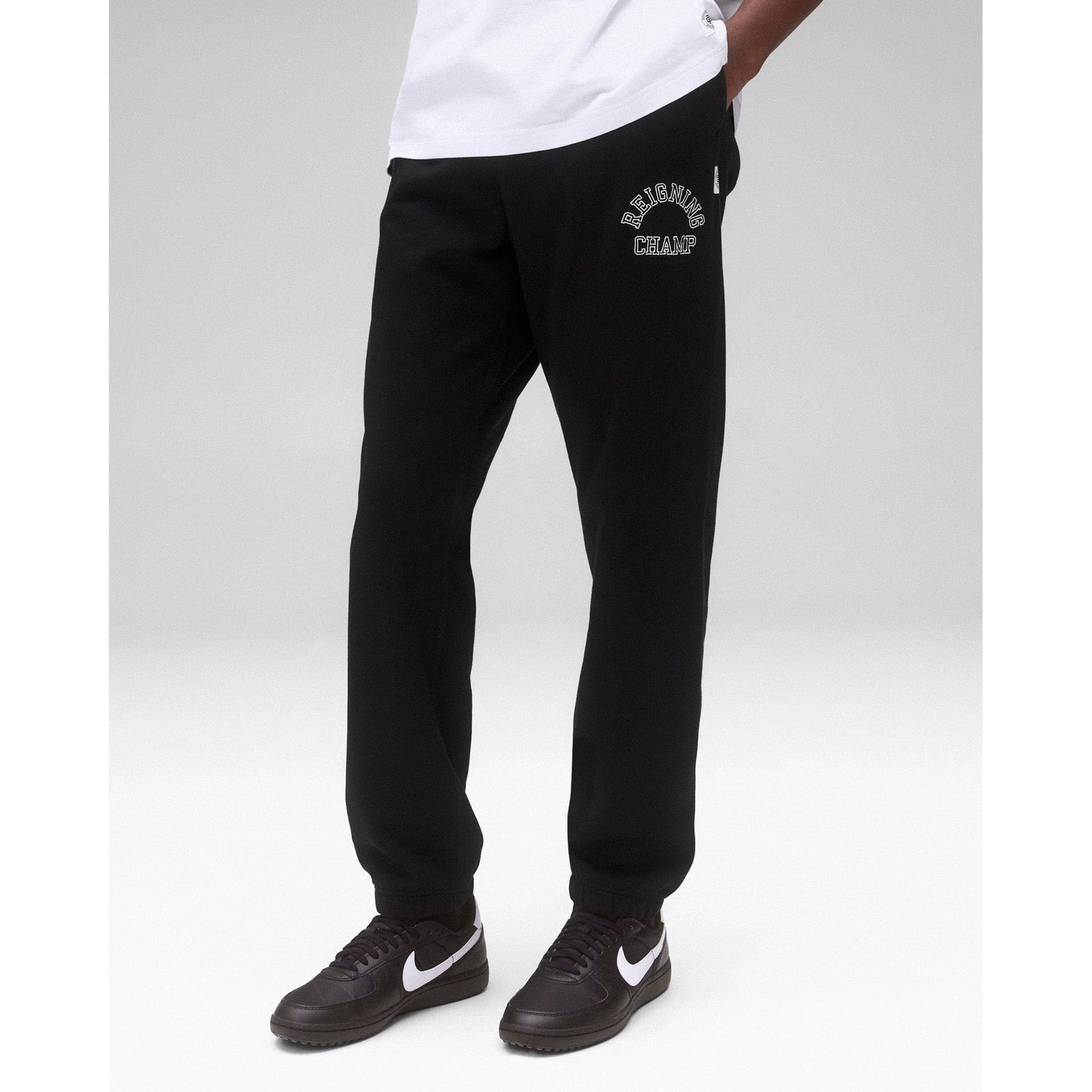 Reigning Champ Men Knit Midweight Terry Arch Logo Sweatpant Black White - BOTTOMS - Canada