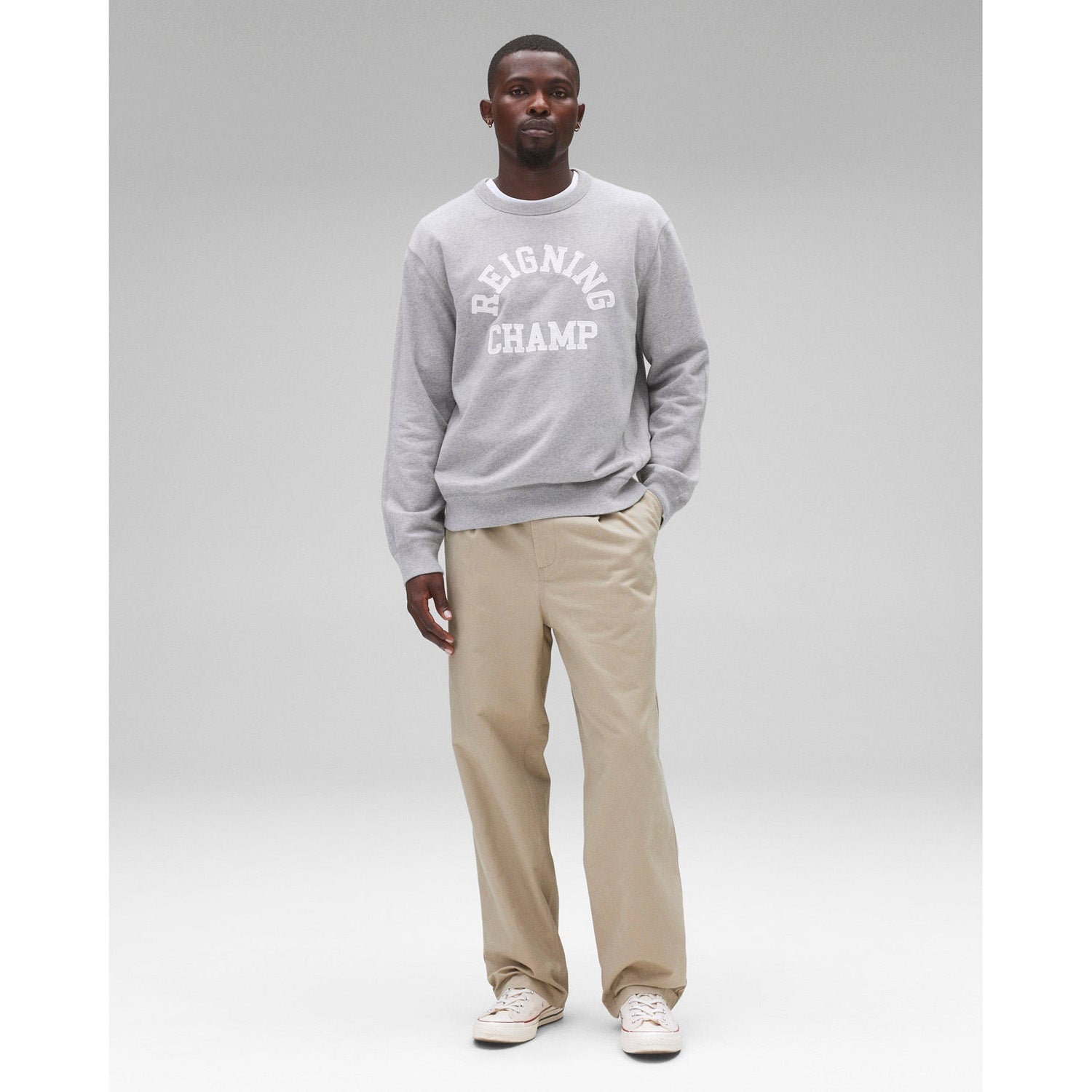 Reigning Champ Men Knit Midweight Terry Classic Arch Logo Crewneck Heather Grey - SWEATERS - Canada
