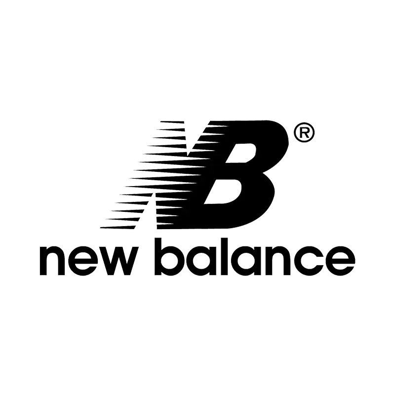 Black and white new balance logo featuring a stylized ’b’ with motion lines.