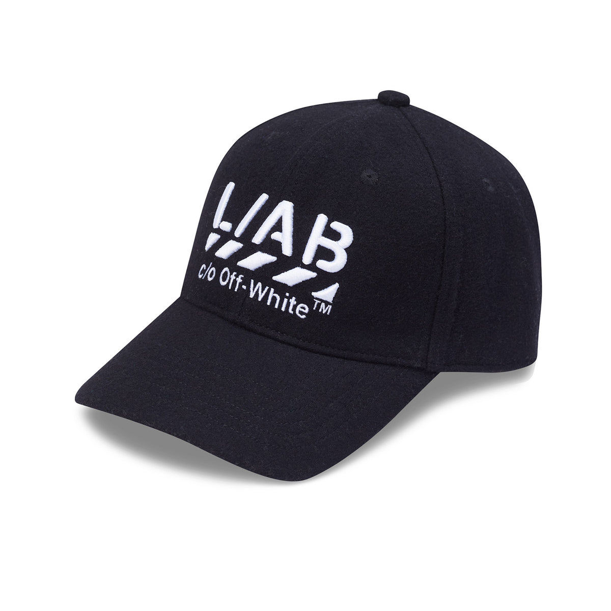 L/AB c/o Off-White Stacked Diags Embroidered Curved Brim Wool Cap Black