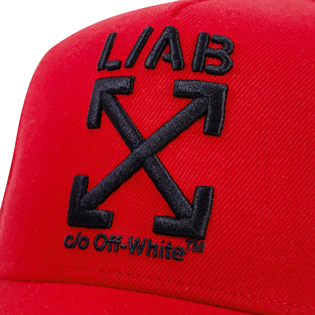 L/AB c/o Off-White Clamp Arrows Curved Brim Trucker Cap High Risk Red