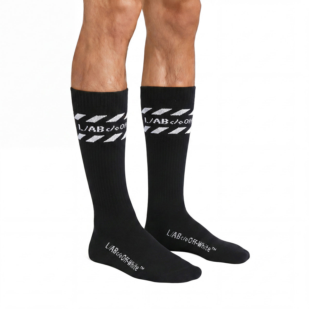 L/AB c/o Off-White Diags Stripes Mid Calf Crew Socks Black - 3PK
