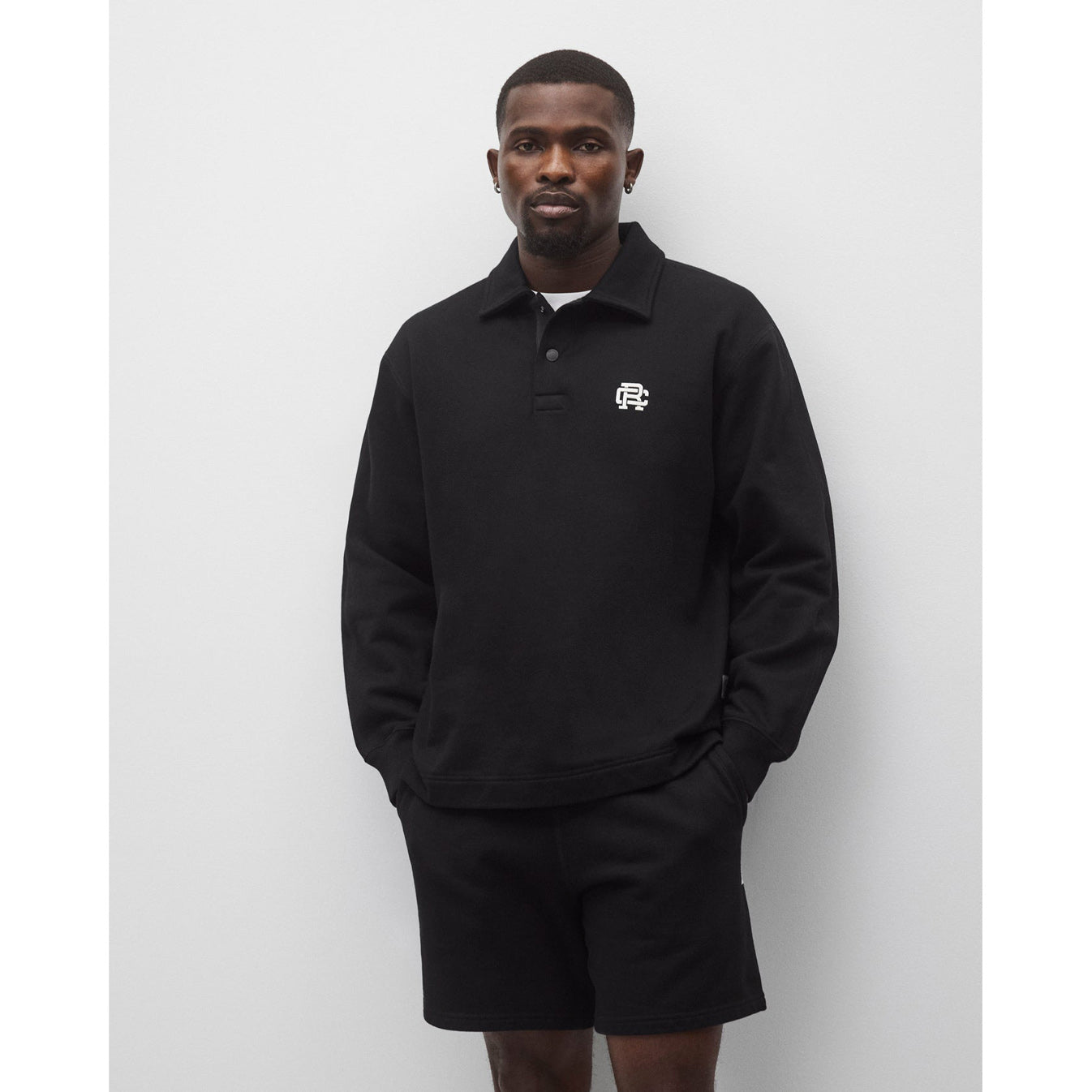Reigning Champ Midweight Terry Monogram Standard Rugby Sweatshirt Black White