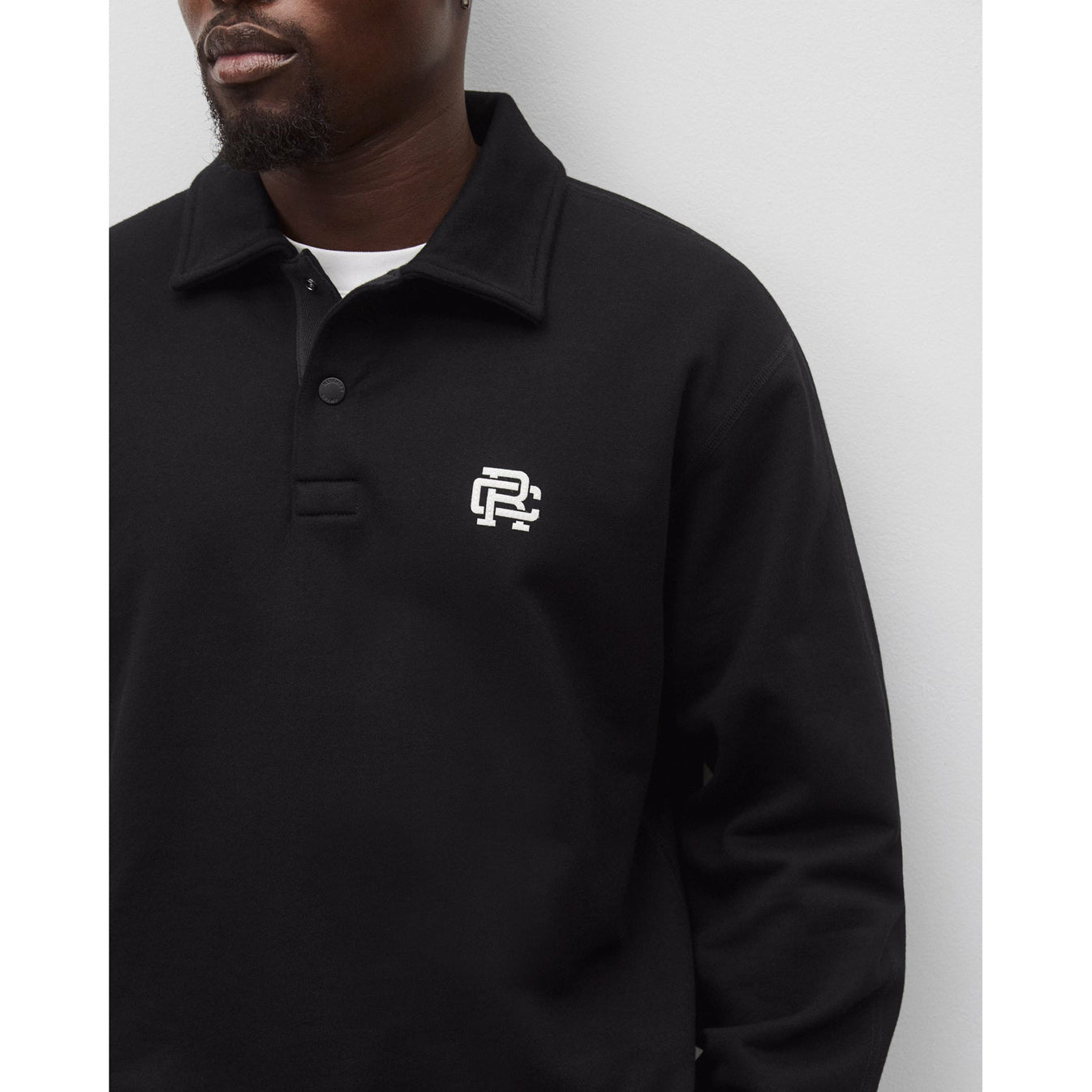 Reigning Champ Midweight Terry Monogram Standard Rugby Sweatshirt Black White