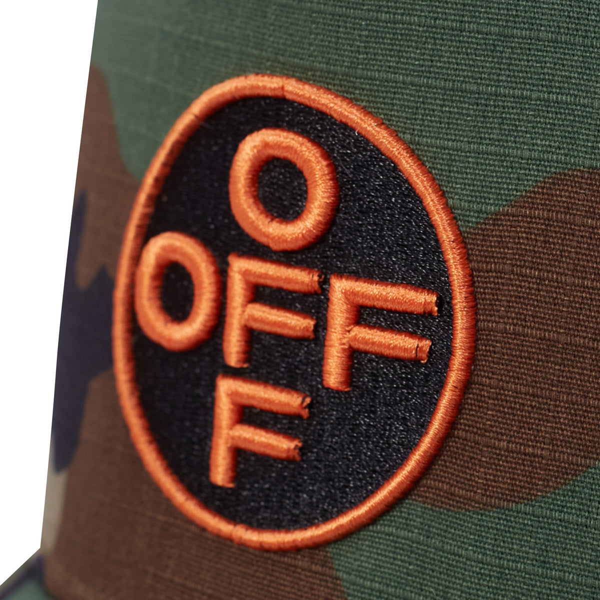 L/AB c/o Off-White Off Embroidered Pinch Front Curved Brim Camo Twill Cap Green Camo