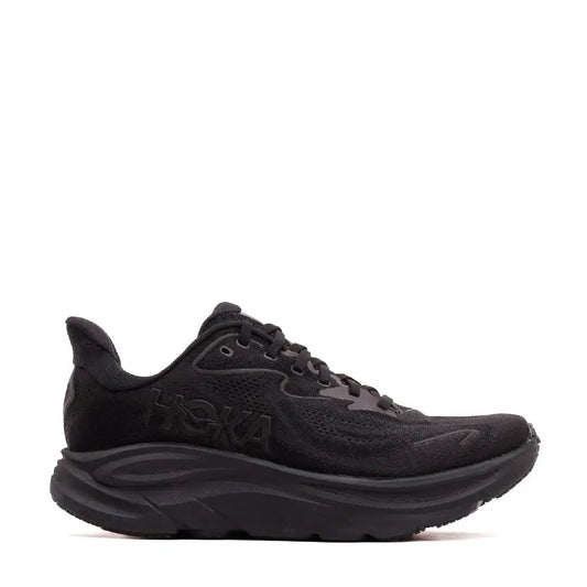 All-black Hoka running shoe with a thick sole.