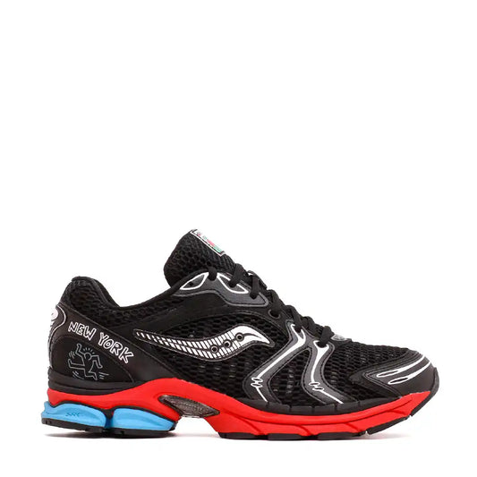 Black saucony running shoe with red and blue accents, mesh upper, cushioned sole.