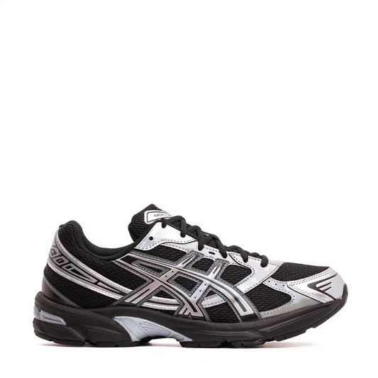 Black and silver asics running shoe with mesh upper, rubber sole.