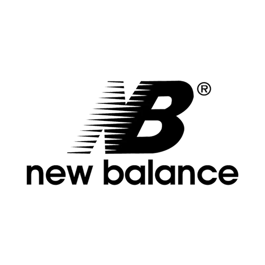 Black and white new balance logo featuring a stylized ’b’ with motion lines.