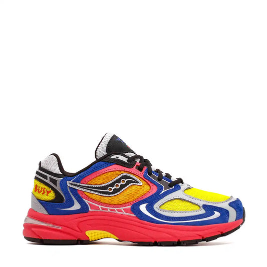 Colorful athletic shoe with a red sole, blue and yellow mesh upper, and pink and silver accents.