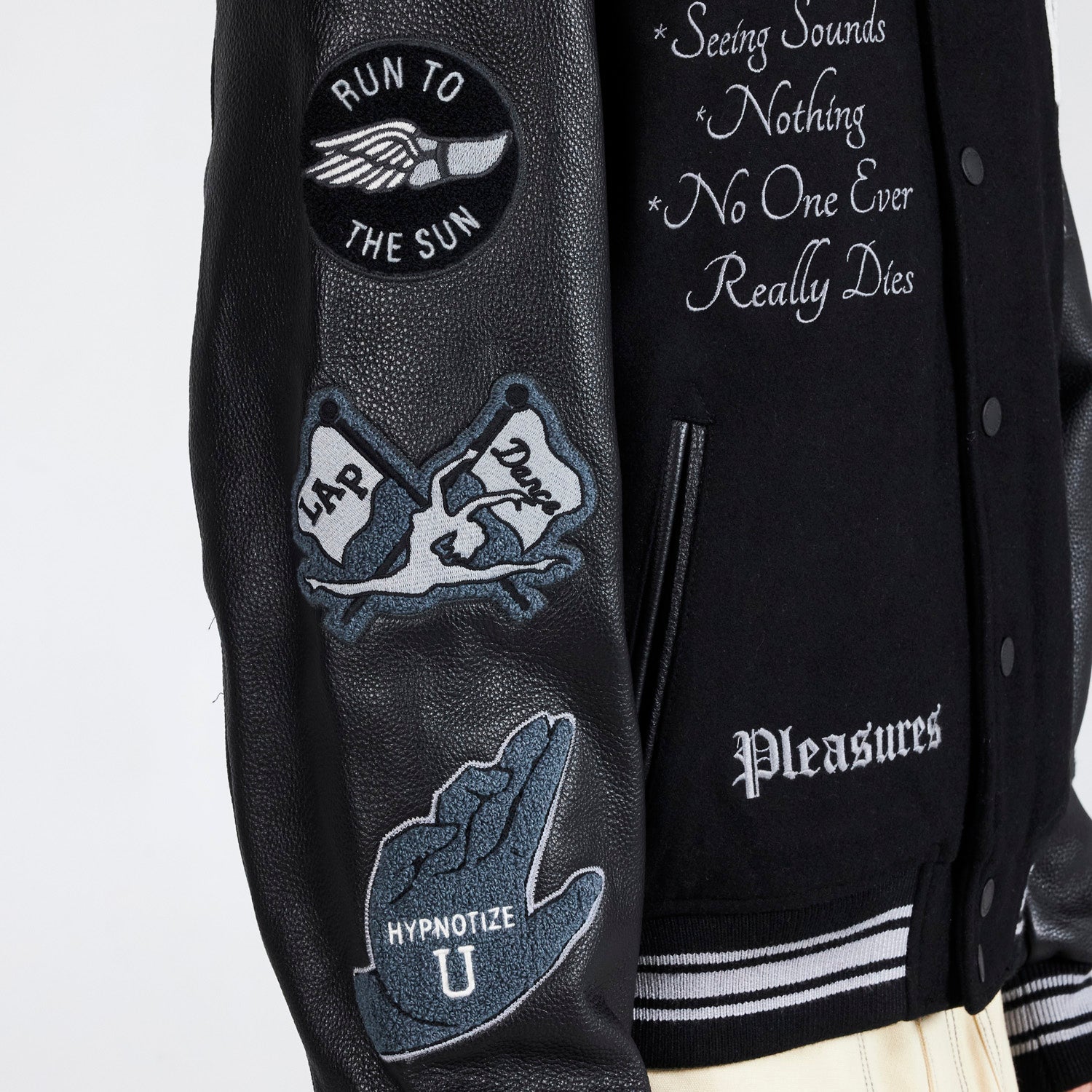 Pleasures Men Nerd Varsity Jacket Black - OUTERWEAR - Canada