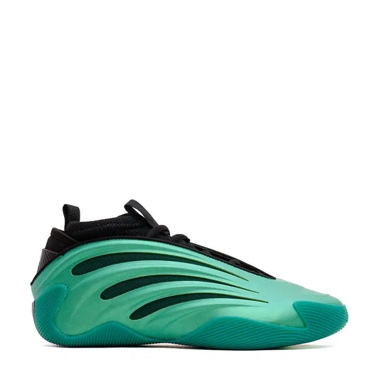 A single teal and black athletic shoe with a ribbed, futuristic design.