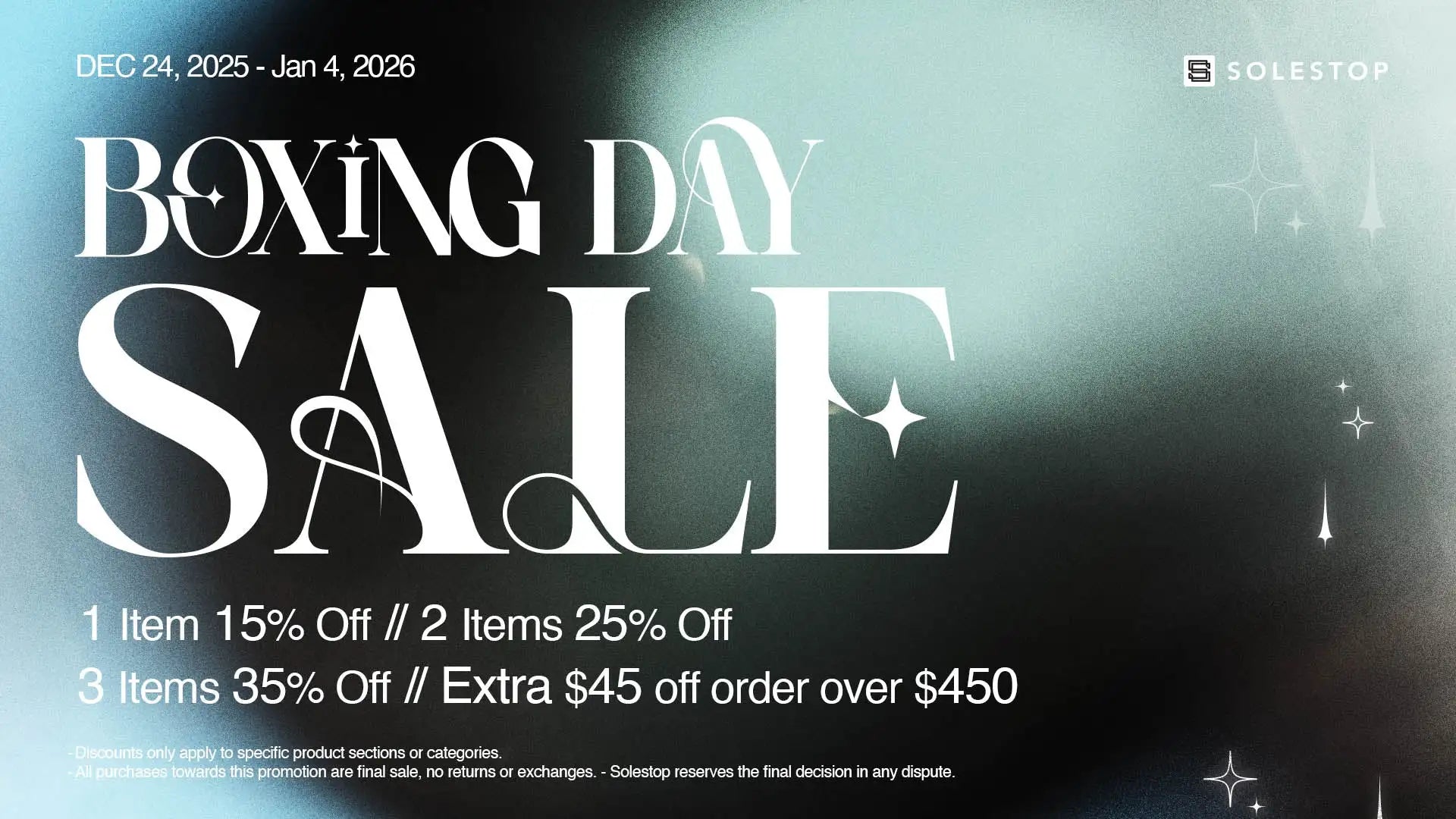 Solestop boxing day sale advertisement featuring bold white text on a dark gradient background with sparkling star accents.