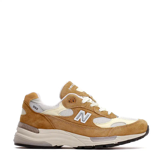 Tan and off-white New Balance 992 running shoe.