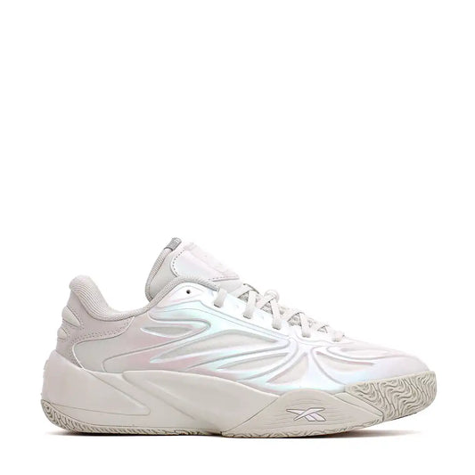 White and iridescent Reebok sneakers.