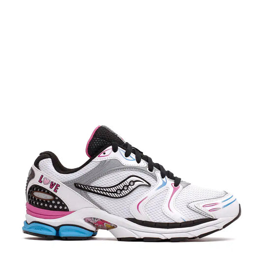 White, pink, and blue Saucony running shoe with black laces.