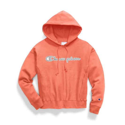 Champion Reverse Weave Pullover Hood Chenille Script Groovy Papaya Women GF757-Y07781-DOH - SWEATERS - Solestop.com - Canada