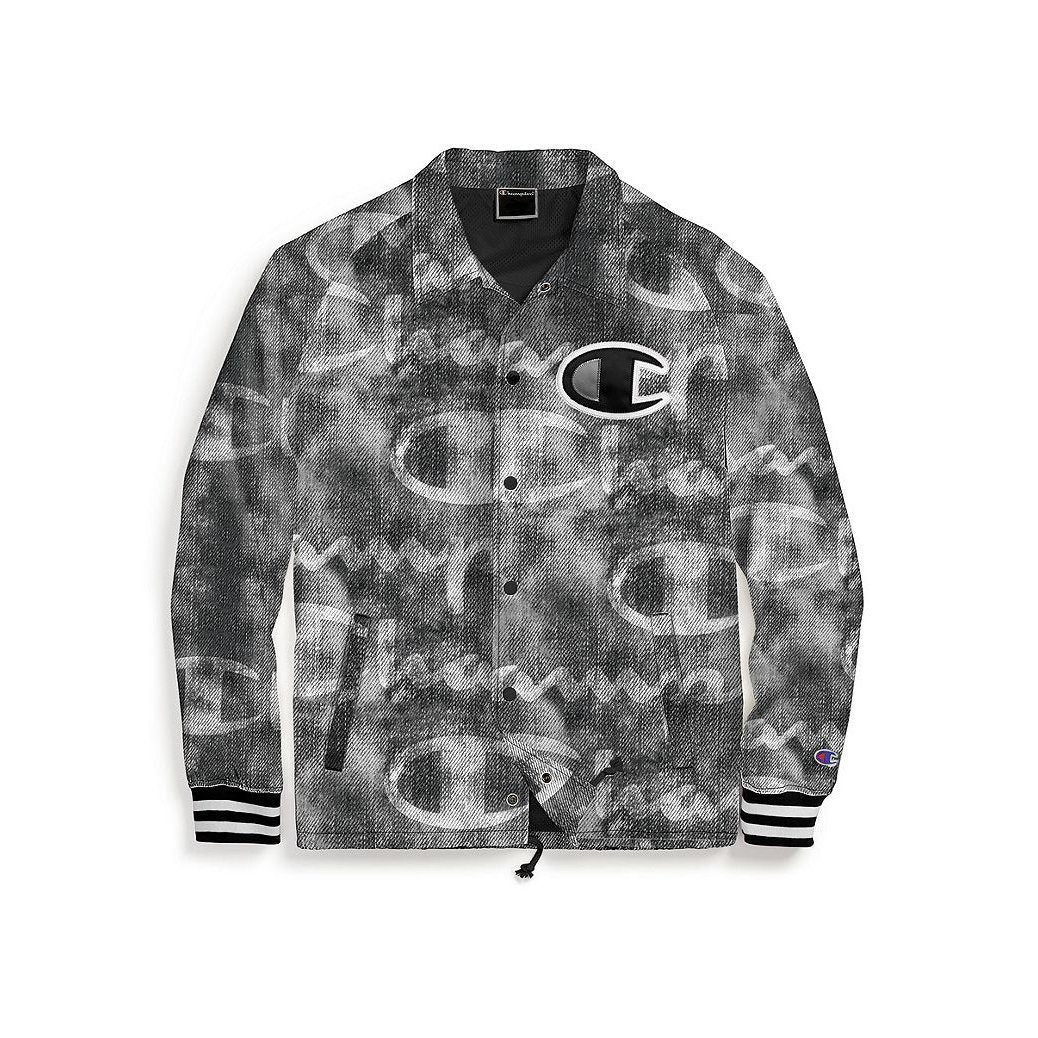 OUTERWEAR - Champion Satin Coaches Jacket Rib Cuff-Print Denim Overlay Black Men V5089P-549973-1RX Main image